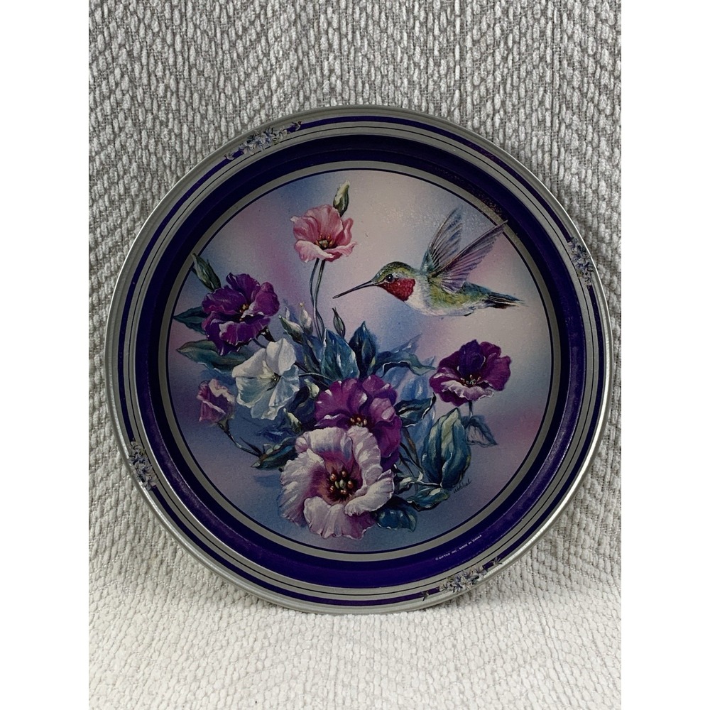 Vintage Hummingbird and Purple‎ Floral Serving Metal Tray Giftco Inc. 13.5"